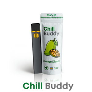 Produktbild av Chill Buddy THC-JD vape med smaken Mango Diesel. Förpackningen visar en mangoillustration och är märkt med 'Chill Buddy' samt THC-JD. Vape-pennan är svart med en guldaccent, och förpackningen specificerar innehållet på 1 ml. Bilden betonar hög kvalitet och en exotisk, fruktig smakprofil, perfekt för SEO-optimerade artiklar om Mango Diesel, smaksatta cannabisvapes, och THC-JD produkter.