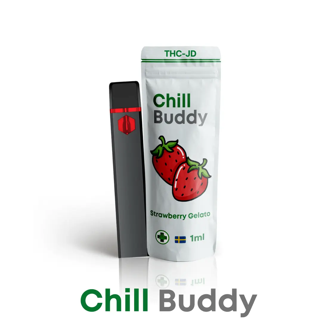 Produktbild av Chill Buddy THC-JD vape med smaken Strawberry Gelato. Förpackningen visar en illustration av jordgubbar och är märkt med 'Chill Buddy' samt THC-JD. Vape-pennan är svart med en röd accent, och förpackningen specificerar innehållet på 1 ml. Designen lyfter fram en söt och krämig smakprofil, idealisk för SEO-optimerade artiklar om cannabisvaping, THC-JD produkter, och Strawberry Gelato smaker.