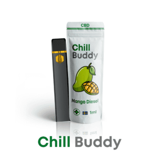 Produktbild av Chill Buddy CBD vape med smaken Mango Diesel. Förpackningen visar en mangoillustration och är märkt med 'Chill Buddy' samt 98% CBD. Vape-pennan är svart med en guldaccent, och förpackningen specificerar innehållet på 1 ml. Bilden betonar hög kvalitet och en exotisk, fruktig smakprofil, perfekt för SEO-optimerade artiklar om CBD-vapes, Mango Diesel smaker och högkvalitativa CBD-produkter.