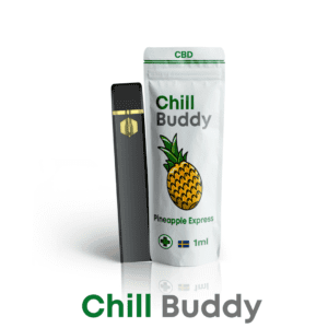 Produktbild av Chill Buddy CBD vape med smaken Pineapple Express. Förpackningen visar en ananasillustration och är märkt med 'Chill Buddy' samt 98% CBD. Vape-pennan är svart med en guldaccent, och förpackningen specificerar innehållet på 1 ml. Designen framhäver en tropisk och fruktig smakprofil, vilket gör bilden optimal för SEO-optimerade artiklar om CBD-vapes, Pineapple Express smaker och högkvalitativa CBD-produkter.