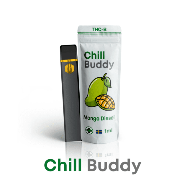 Produktbild av Chill Buddy THC-B vape med smaken Mango Diesel. Förpackningen visar en mangoillustration och är märkt med 'Chill Buddy' samt THC-B. Vape-pennan är svart med en guldaccent, och förpackningen specificerar innehållet på 1 ml. Designen betonar hög kvalitet och en exotisk, fruktig smakprofil, idealisk för SEO-optimerade artiklar om THC-B vapes, Mango Diesel smaker och premium cannabisprodukter.