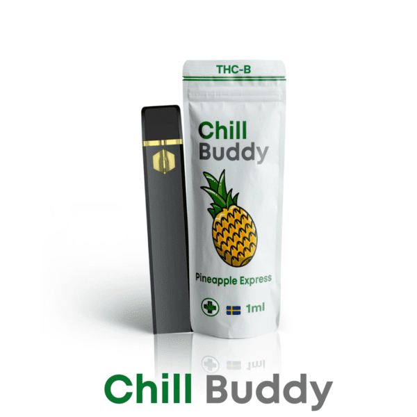 Produktbild av Chill Buddy THC-B vape med smaken Pineapple Express. Förpackningen visar en ananasillustration och är märkt med 'Chill Buddy' samt THC-B. Vape-pennan är svart med en guldaccent, och förpackningen specificerar innehållet på 1 ml. Bilden framhäver en tropisk och fruktig smakprofil, perfekt för SEO-optimerade artiklar om THC-B vapes, Pineapple Express smaker och premium cannabisprodukter.