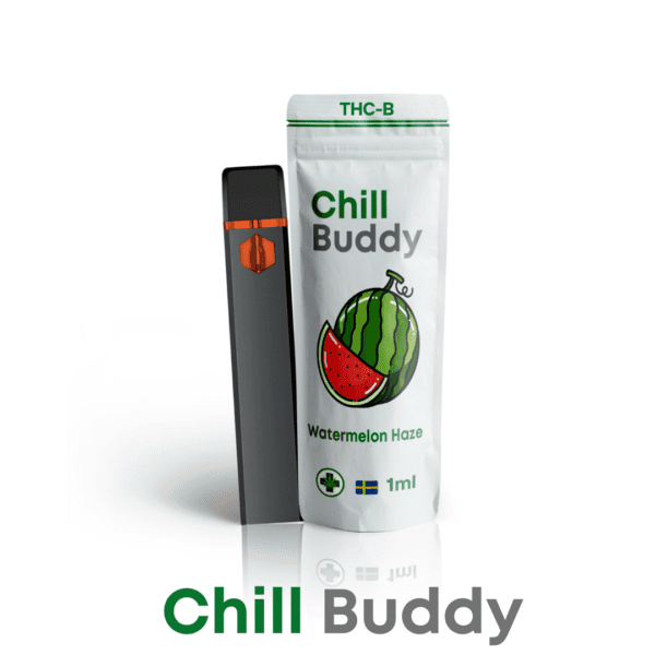 Produktbild av Chill Buddy THC-B vape med smaken Watermelon Haze. Förpackningen visar en vattenmelonillustration och är märkt med 'Chill Buddy' samt THC-B. Vape-pennan är svart med en orange accent, och förpackningen specificerar innehållet på 1 ml. Designen framhäver hög kvalitet och en fräsch, fruktig smakprofil, idealisk för SEO-optimerade artiklar om THC-B vapes, Watermelon Haze smaker och premium cannabisprodukter.